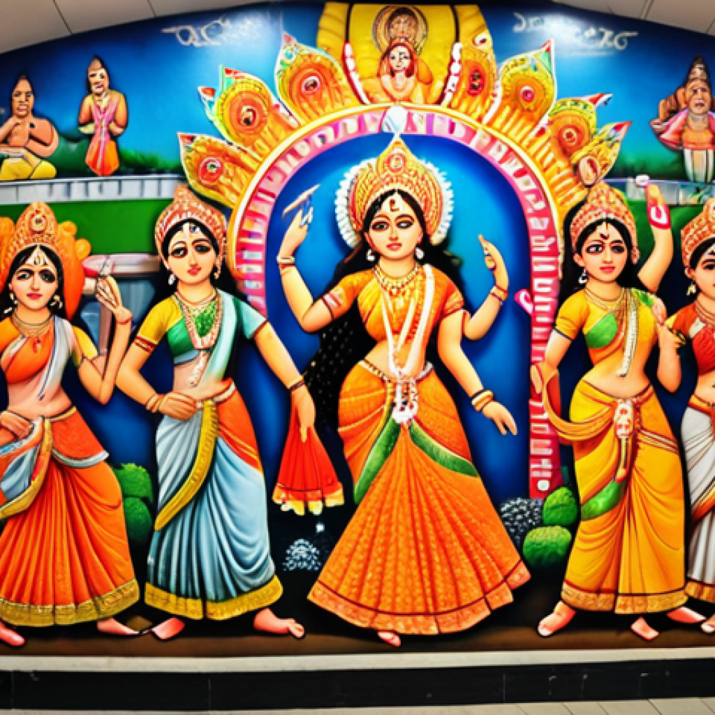 **Prompt:** A vibrant wall mural inside a Kolkata Metro station depicting Durga Puja celebrations, showcasing traditional Bengali dance and cultural elements, blending old Kolkata heritage with modern city life, inspiring new generations with their history and roots.
