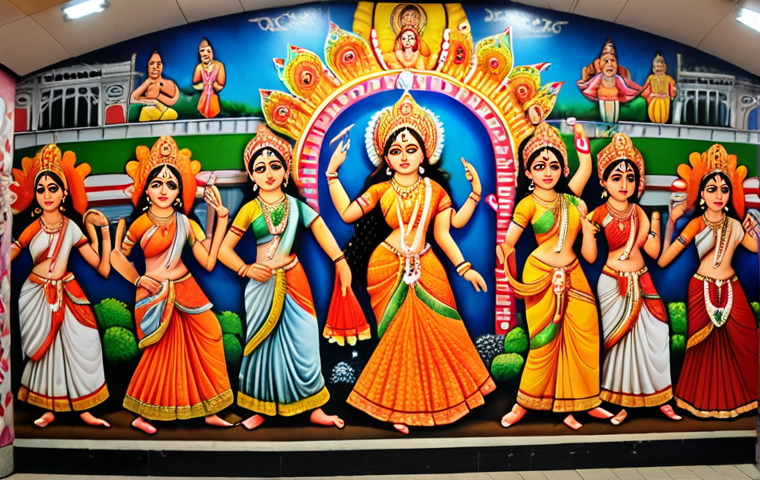 **Prompt:** A vibrant wall mural inside a Kolkata Metro station depicting Durga Puja celebrations, showcasing traditional Bengali dance and cultural elements, blending old Kolkata heritage with modern city life, inspiring new generations with their history and roots.