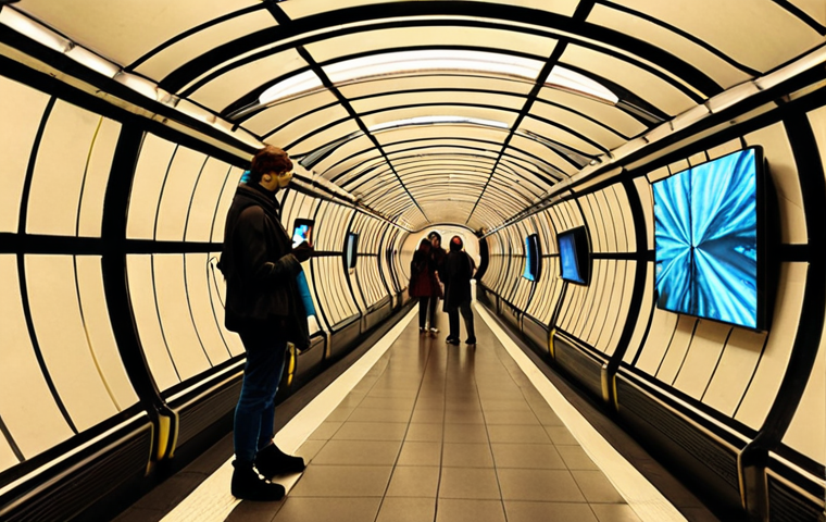 **Prompt 1: Underground Gallery & Tech Fusion**
    An immersive, futuristic metro station transformed into a vibrant underground art gallery. Dynamic digital art installations, incorporating LED displays and video projections, cover the walls and ceilings. Diverse passengers interact with and admire the modern artworks, some taking photos, as if in a living museum. The scene blends the energy of a bustling commute with the tranquility of art appreciation, showcasing a harmonious fusion of technology, culture, and urban life, with hints of Stockholm's organic, cave-like aesthetics and Moscow's grandeur.