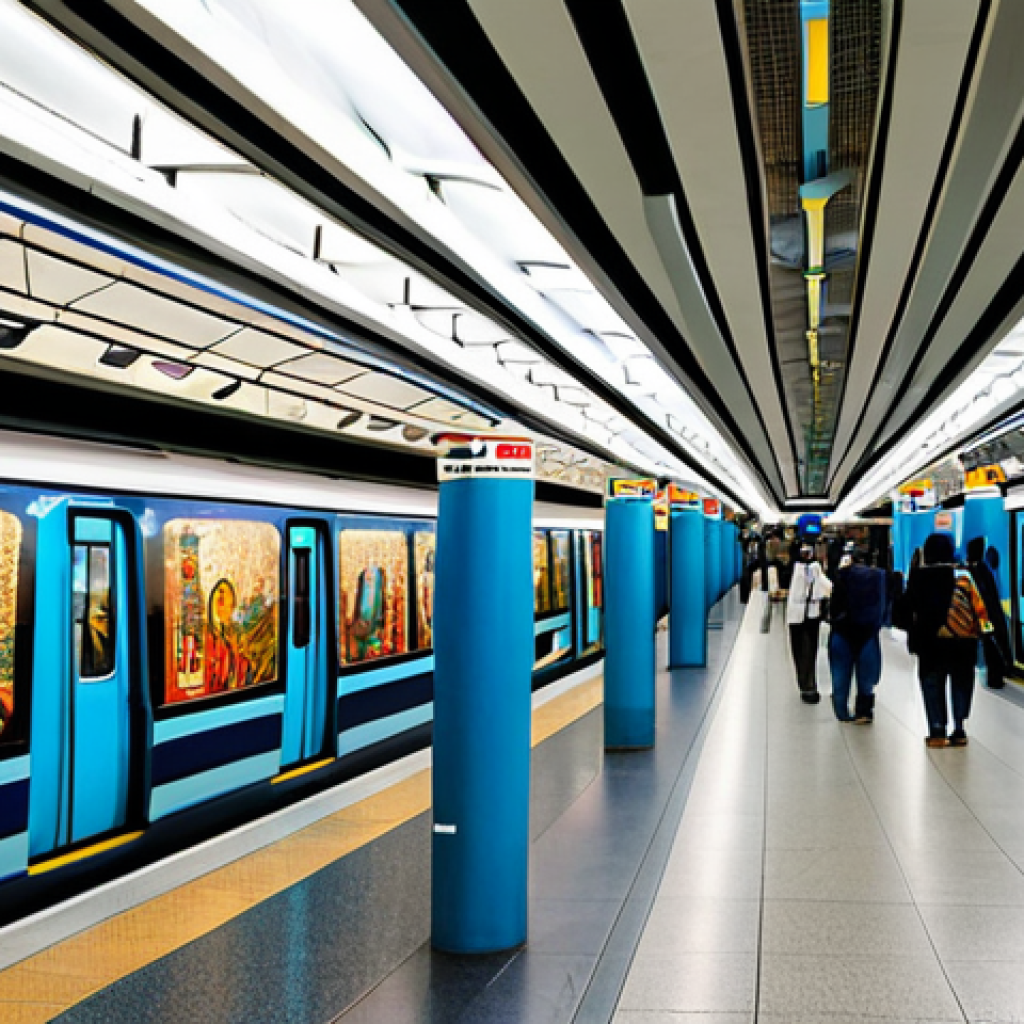 A bustling modern metro station interior, clean and brightly lit, with high ceilings and wide platforms. The station walls are adorned with large-scale contemporary murals featuring traditional Bengali folk art motifs reinterpreted in a modern, vibrant style. Passengers in professional and modest attire are observing the artwork, with some capturing photos respectfully. In the background, a digital display subtly shows abstract, colorful patterns. The scene captures the integration of culture and public transport. safe for work, appropriate content, fully clothed, professional, perfect anatomy, correct proportions, natural pose, well-formed hands, proper finger count, natural body proportions, high-quality photography, ambient lighting.