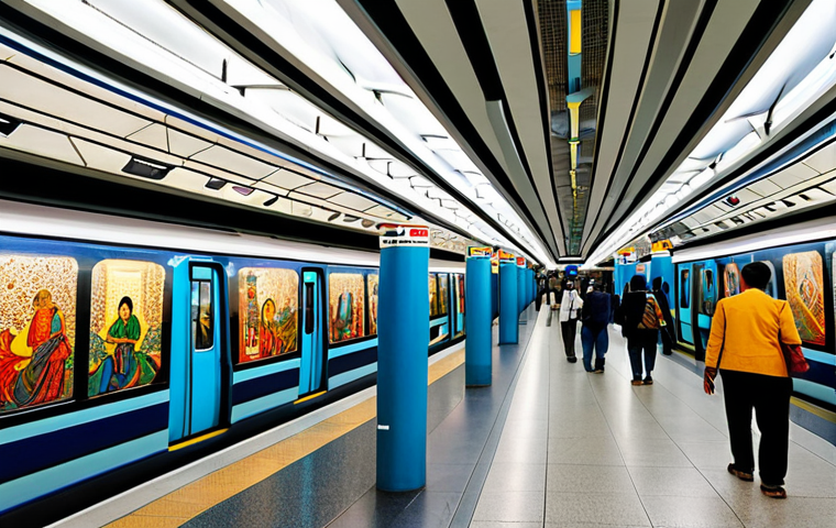 A bustling modern metro station interior, clean and brightly lit, with high ceilings and wide platforms. The station walls are adorned with large-scale contemporary murals featuring traditional Bengali folk art motifs reinterpreted in a modern, vibrant style. Passengers in professional and modest attire are observing the artwork, with some capturing photos respectfully. In the background, a digital display subtly shows abstract, colorful patterns. The scene captures the integration of culture and public transport. safe for work, appropriate content, fully clothed, professional, perfect anatomy, correct proportions, natural pose, well-formed hands, proper finger count, natural body proportions, high-quality photography, ambient lighting.