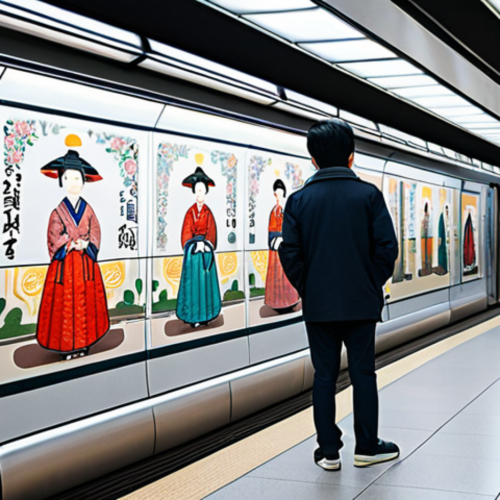 A vibrant Seoul Subway station interior, featuring a large mural depicting traditional Korean folk art, harmoniously contrasted with a sleek, glowing digital art installation displaying dynamic abstract patterns. Diverse passengers, fully clothed in modern, modest attire, are respectfully observing the artworks, adding a sense of human scale and engagement. The station is clean, well-lit, and futuristic, showcasing the blend of culture and technology. Professional photography, high resolution, detailed textures, soft lighting, safe for work, appropriate content, fully clothed, family-friendly, perfect anatomy, correct proportions, natural pose, well-formed hands, proper finger count, natural body proportions.