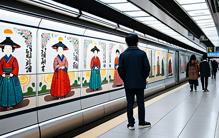 A vibrant Seoul Subway station interior, featuring a large mural depicting traditional Korean folk art, harmoniously contrasted with a sleek, glowing digital art installation displaying dynamic abstract patterns. Diverse passengers, fully clothed in modern, modest attire, are respectfully observing the artworks, adding a sense of human scale and engagement. The station is clean, well-lit, and futuristic, showcasing the blend of culture and technology. Professional photography, high resolution, detailed textures, soft lighting, safe for work, appropriate content, fully clothed, family-friendly, perfect anatomy, correct proportions, natural pose, well-formed hands, proper finger count, natural body proportions.