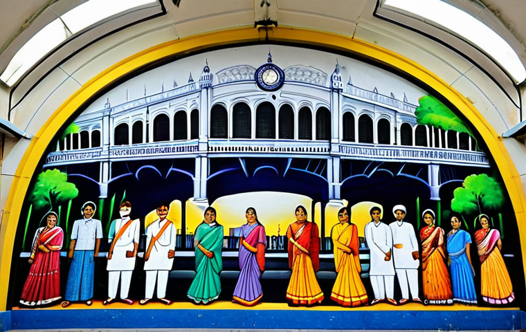 **

"A vibrant mural inside a Kolkata Metro station depicting scenes of Kolkata's culture and heritage, fully clothed people, appropriate attire, safe for work, perfect anatomy, natural proportions, digital painting, high quality, family-friendly. The artwork should evoke a sense of joy and excitement, reflecting the city's spirit. Depict Howrah Bridge, Victoria Memorial, and other Kolkata landmarks, modest."

**