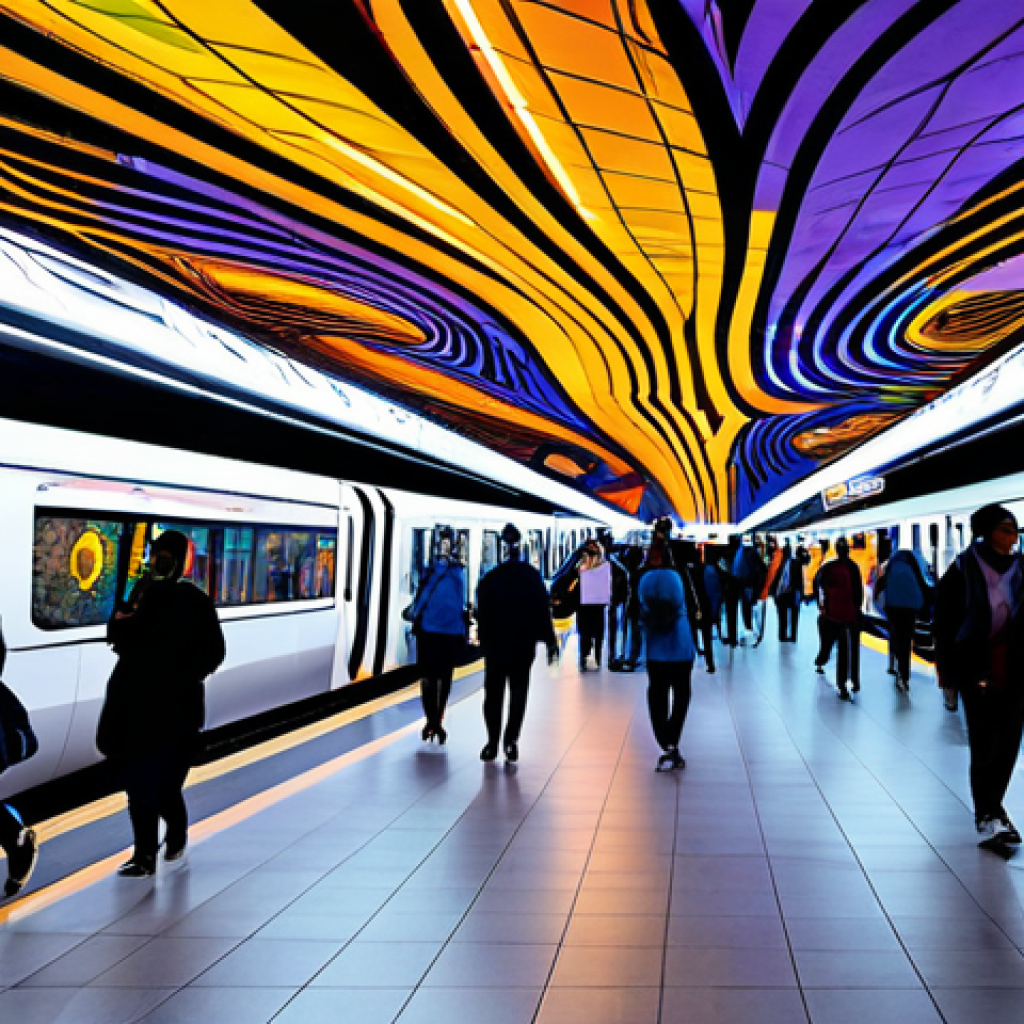 지하철 아트의 기술적 발전 - **Prompt 1: AI-Generated Dynamic Digital Wall Art in a Bustling Metro Station**
    "A vibrant, high...