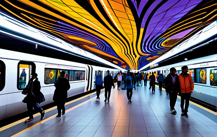 지하철 아트의 기술적 발전 - **Prompt 1: AI-Generated Dynamic Digital Wall Art in a Bustling Metro Station**
    "A vibrant, high...