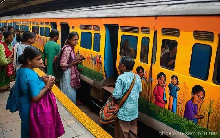 지하철 아트와 전통 예술의 융합 - **Prompt:** A vibrant, bustling modern metro station in Bangladesh, featuring exquisite traditional ...