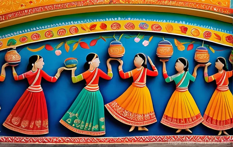 지하철 아트와 지역 색깔 - **A Festive Metro Mural:**
    A vibrant, intricate mural painted on a clean, modern metro station w...