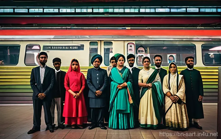 지하철 아트와 지역 색깔 - **A Festive Metro Mural:**
    A vibrant, intricate mural painted on a clean, modern metro station w...