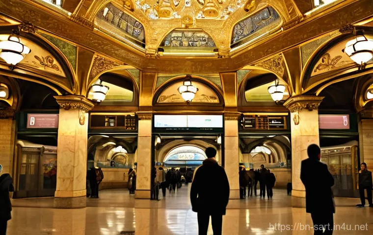 지하철 아트 갤러리 투어 - **Prompt:** An opulent and grand subway station, reminiscent of the Moscow Metro, transformed into a...