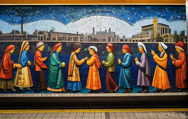 지하철 아트와 공간의 연관성 - **Fantastical Cavern Subway Art**
    "An expansive subway station interior, designed to evoke a fan...