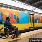 Home 17 지하철 아트와 장애인 참여 - A vibrant metro station in a bustling Bengali city, featuring large colorful art installations made ...