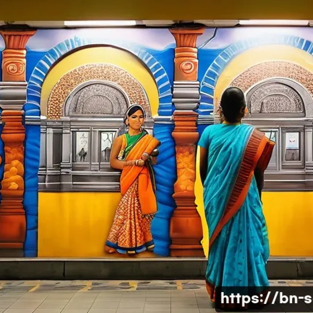 지하철 아트와 거리 예술 - A vibrant mural painting inside a metro station in Kolkata, depicting the city's rich history and di...