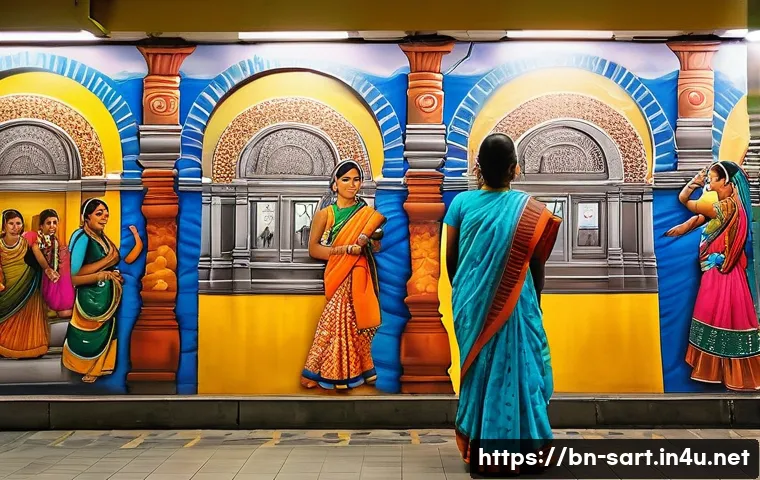 지하철 아트와 거리 예술 - A vibrant mural painting inside a metro station in Kolkata, depicting the city's rich history and di...