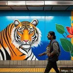지하철 아트와 심리적 효과 - A vibrant metro station mural featuring colorful traditional Bengali motifs blending with modern abs...
