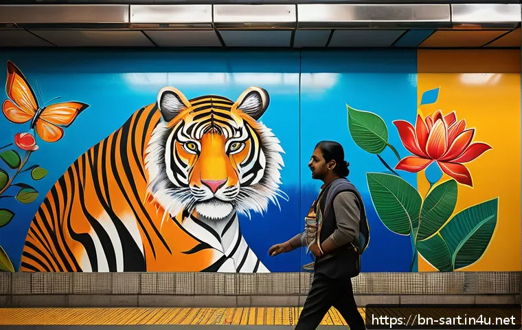 지하철 아트와 심리적 효과 - A vibrant metro station mural featuring colorful traditional Bengali motifs blending with modern abs...