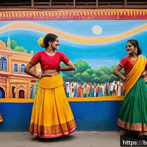 지하철 아트와 지역 사회 - A vibrant urban metro station wall mural depicting traditional Bengali village dance and music scene...