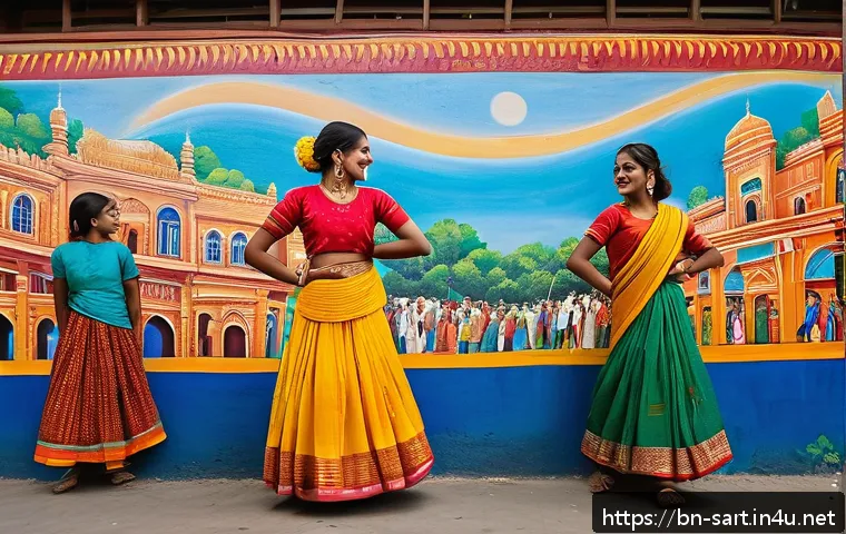 지하철 아트와 지역 사회 - A vibrant urban metro station wall mural depicting traditional Bengali village dance and music scene...