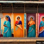 지하철 아트와 사회적 실험 - A vibrant mural on a metro station wall in a bustling Bengali city, depicting colorful scenes of urb...
