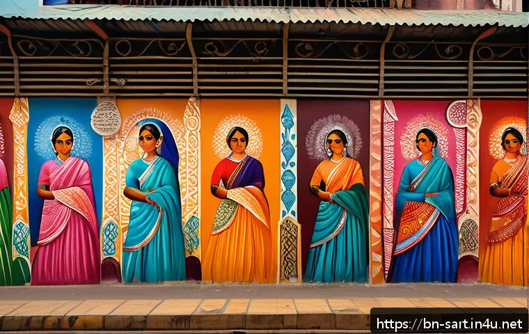 지하철 아트와 사회적 실험 - A vibrant mural on a metro station wall in a bustling Bengali city, depicting colorful scenes of urb...