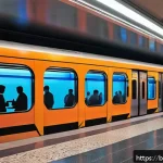 지하철 아트의 시각적 효과 - A vibrant metro station platform in Bangladesh illuminated with colorful LED lighting and projection...