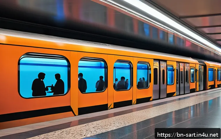 지하철 아트의 시각적 효과 - A vibrant metro station platform in Bangladesh illuminated with colorful LED lighting and projection...