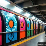 지하철 아트 터널 프로젝트 - A vibrant underground metro tunnel wall in Dhaka, richly decorated with colorful graffiti and modern...