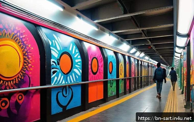 지하철 아트 터널 프로젝트 - A vibrant underground metro tunnel wall in Dhaka, richly decorated with colorful graffiti and modern...