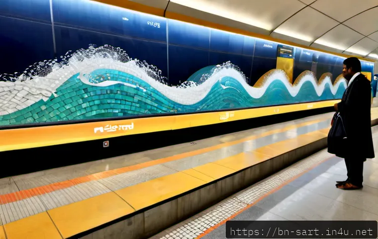 Home 17 지하철 아트와 스마트 시티 - Photorealistic modern metro station in a Bengali smart city, elegant mosaic-inspired wall art with a...