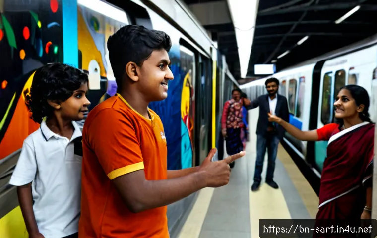 지하철 아트와 아이들의 반응 - Photorealistic modern subway platform with a large colorful abstract mural on the wall, three Bengal...