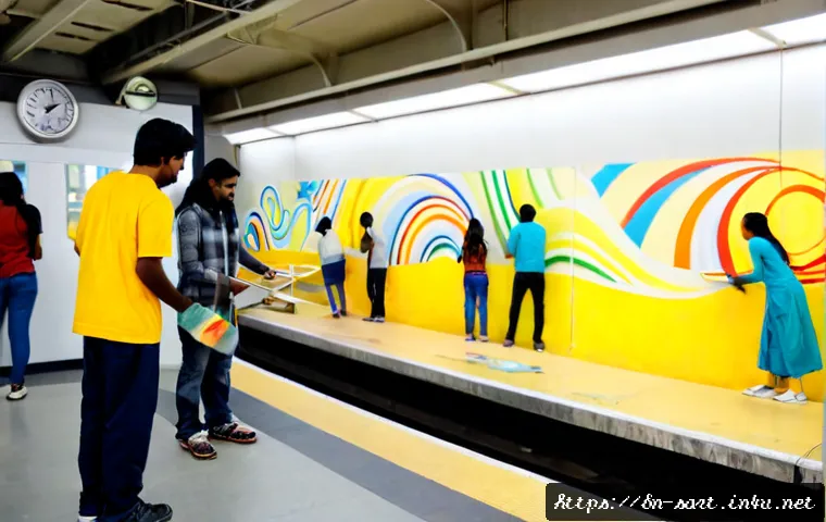 지하철 아트와 청소년 참여 - Photorealistic South Asian teenagers collaboratively creating a colorful abstract mural on a designa...